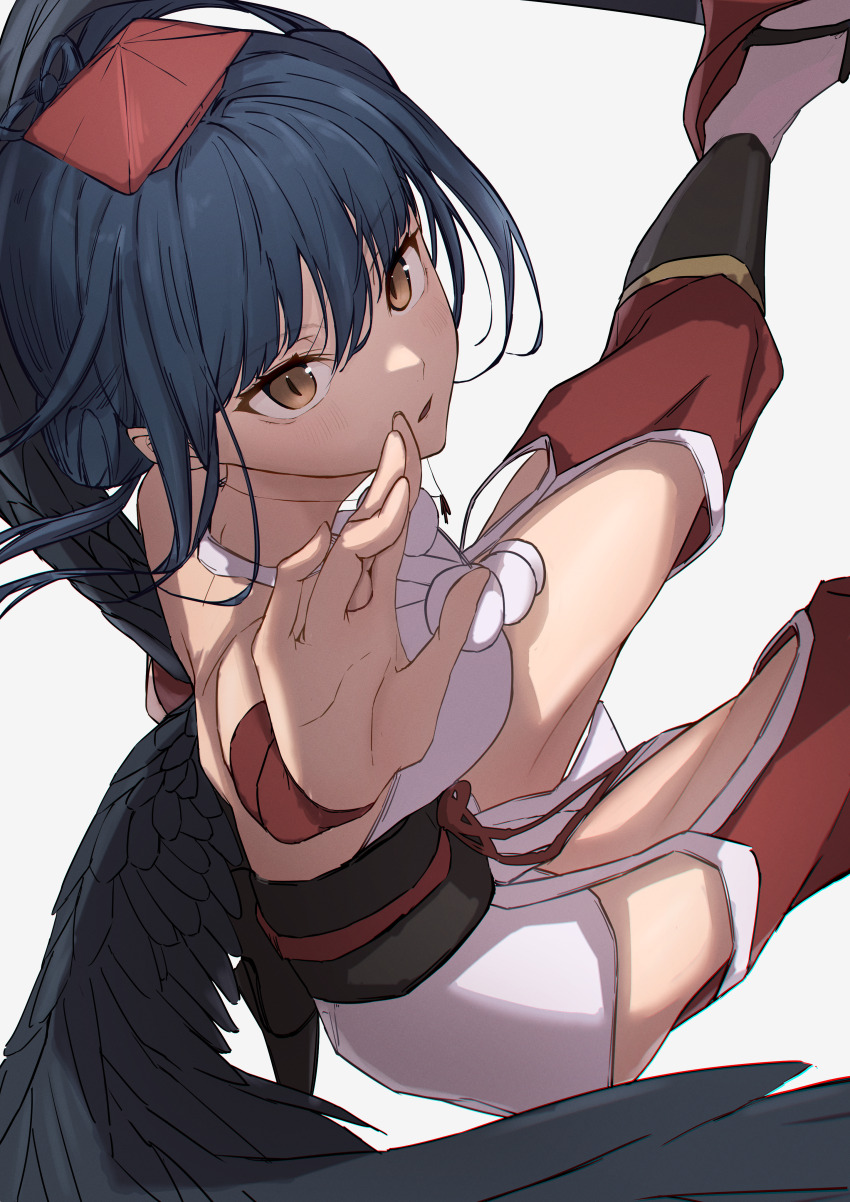 1girl, absurdres, backless_kimono, black_hair, black_sash, black_wings, bridal_gauntlets, brown_eyes