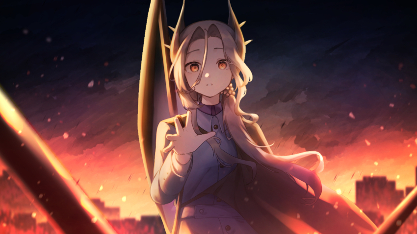 1girl, black_cape, black_sky, blue_jacket, cape, embers, grey_eyes, grey_hair, gun, hair_ornament, hand_up, jacket, long_hair, looking_at_viewer, low_ponytail, manaringo23, military_uniform, open_hand, outdoors, parted_lips, ponytail, red_light, reverse:1999, rifle, sentinel_(reverse:1999), side_cape, sky, solo, straight-on, upper_body, weapon, weapon_on_back