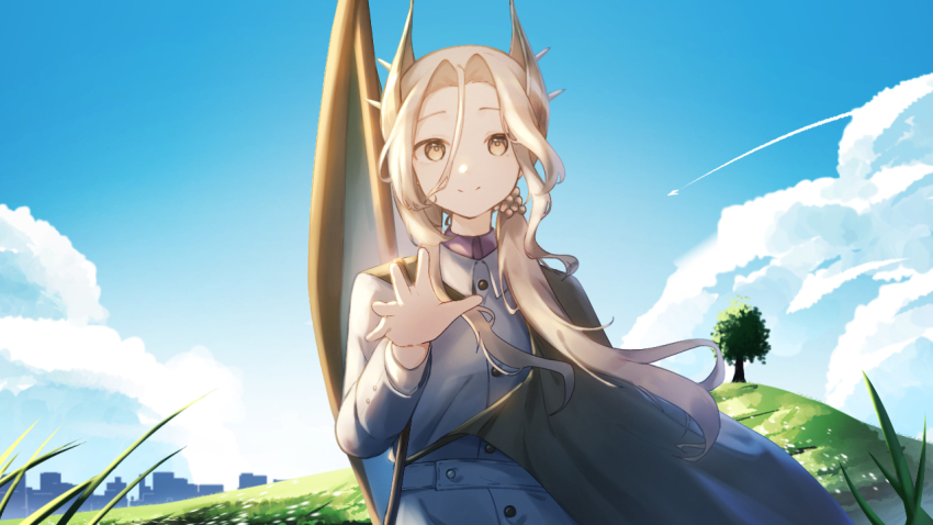 1girl, black_cape, blue_jacket, blue_sky, cape, closed_mouth, cloud, cloudy_sky
