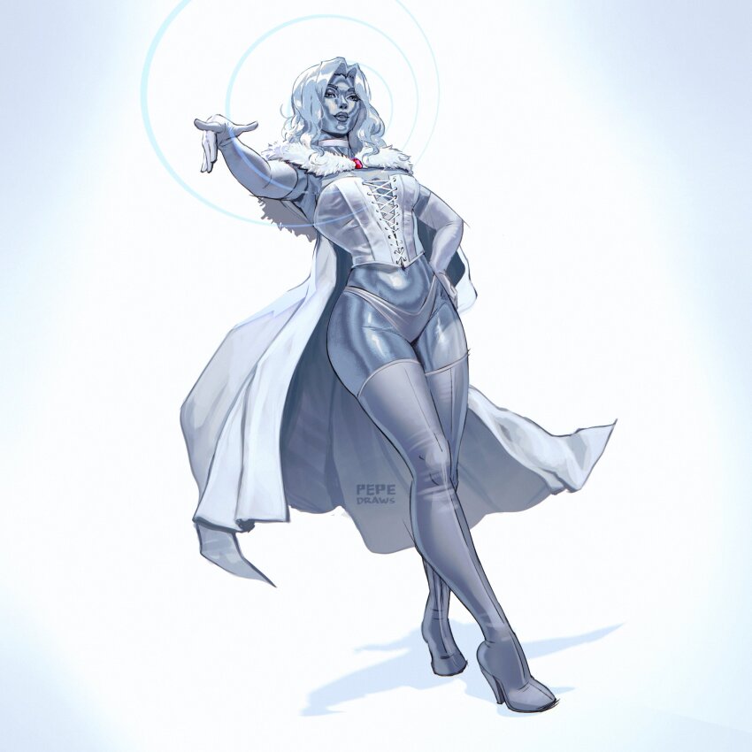 1girl, artist_name, blonde_hair, blue_eyes, blue_eyeshadow, bodice, boots, breasts