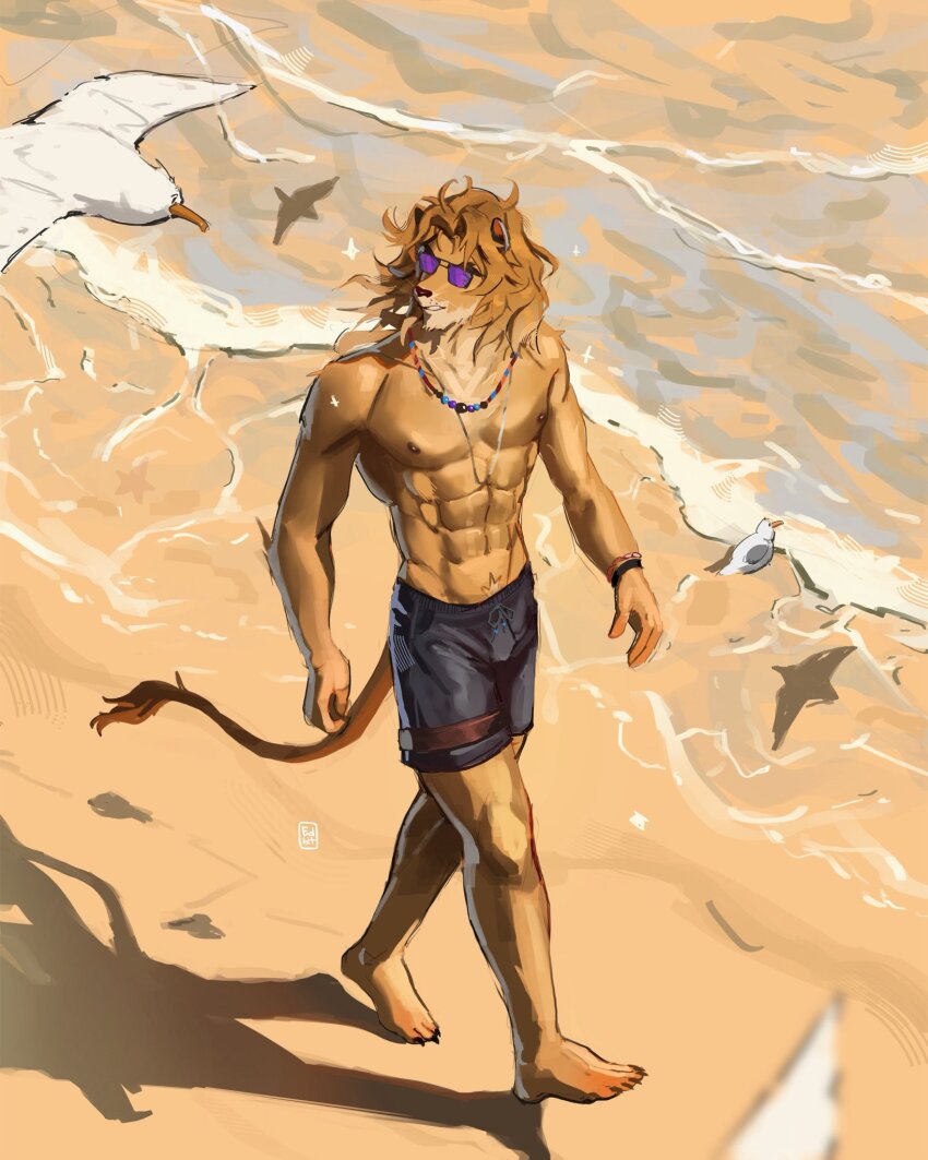 1boy, abs, animal_ears, artist_logo, bara, barefoot, beach, bird