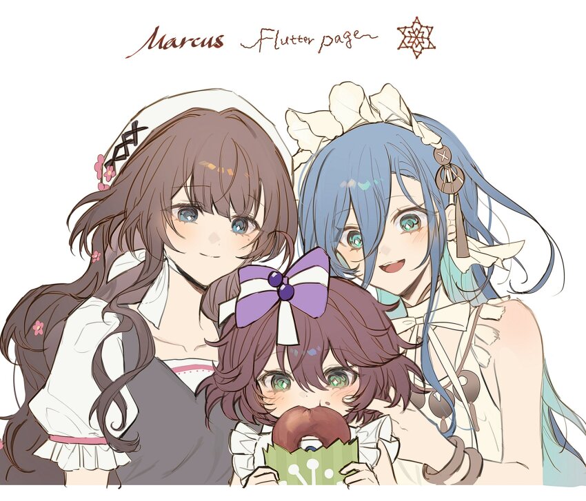 37_(naisnow)_(reverse:1999), 37_(reverse:1999), 3girls, bagel, bare_shoulders, beret, blue_eyes, blue_hair