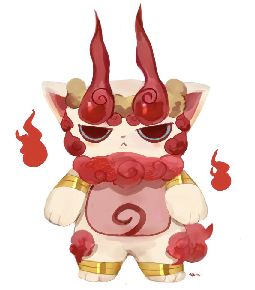 anklet, armlet, commentary_request, full_body, gold_anklet, gold_armlet, highres, hitodama, jewelry, looking_at_viewer, no_humans, red_fire, shurakoma, simple_background, solo, standing, umeyoukan_hn43, white_background, white_fur, youkai_(youkai_watch), youkai_watch