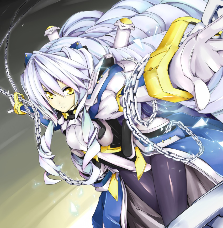 1girl, big_hair, black_pantyhose, bodysuit, chain, drill_hair, female_focus, foreshortening