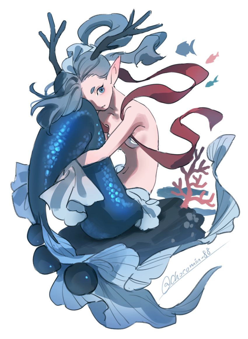 1girl, antlers, artist_name, blue_eyes, blue_tail, breasts, chocomin_88, commentary_request, fish, highres, horns, izanami_(youkai_watch), long_hair, looking_at_viewer, mermaid, monster_girl, pointy_ears, ponytail, simple_background, small_breasts, solo, white_background, youkai_(youkai_watch), youkai_watch
