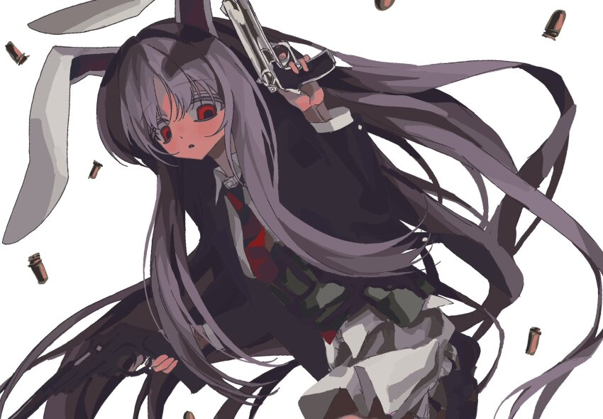 1girl, aiming_up, animal_ears, gun, handgun, highres, holding, holding_gun, holding_weapon, long_hair, looking_at_viewer, ludo_(grapewood1005), necktie, purple_eyes, rabbit_ears, rabbit_girl, reisen_udongein_inaba, shell_casing, solo, touhou, very_long_hair, weapon