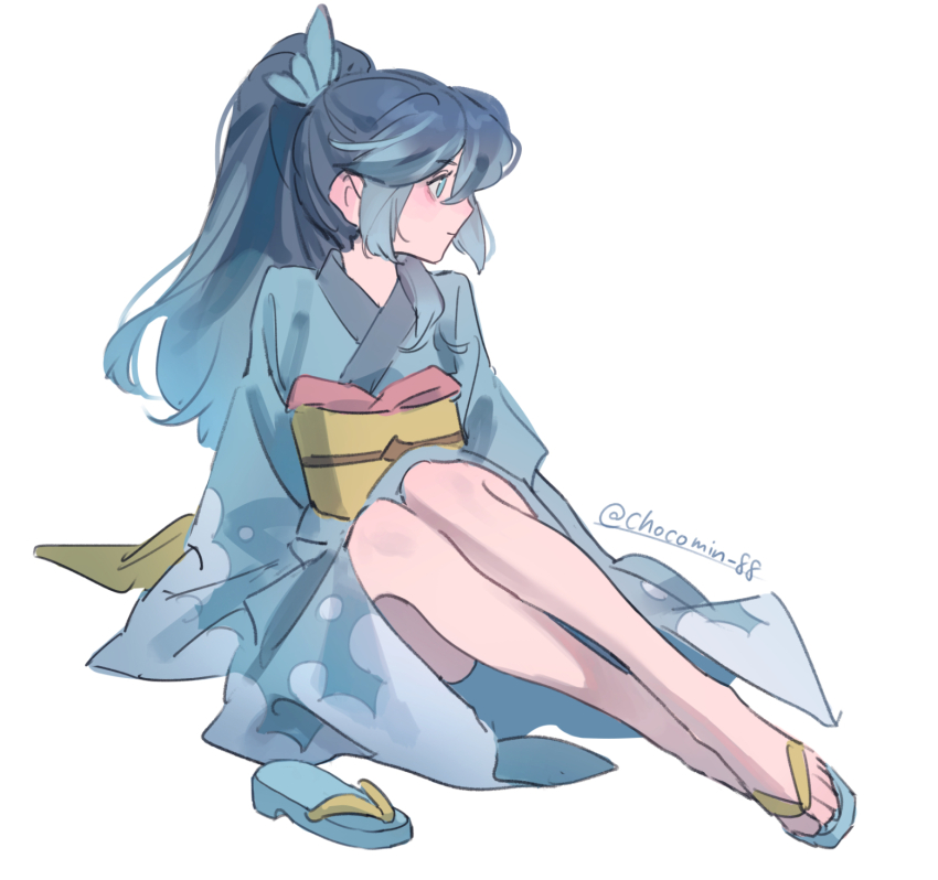 1girl, artist_name, blue_eyes, blue_hair, blue_kimono, blue_sandals, chocomin_88, commentary_request