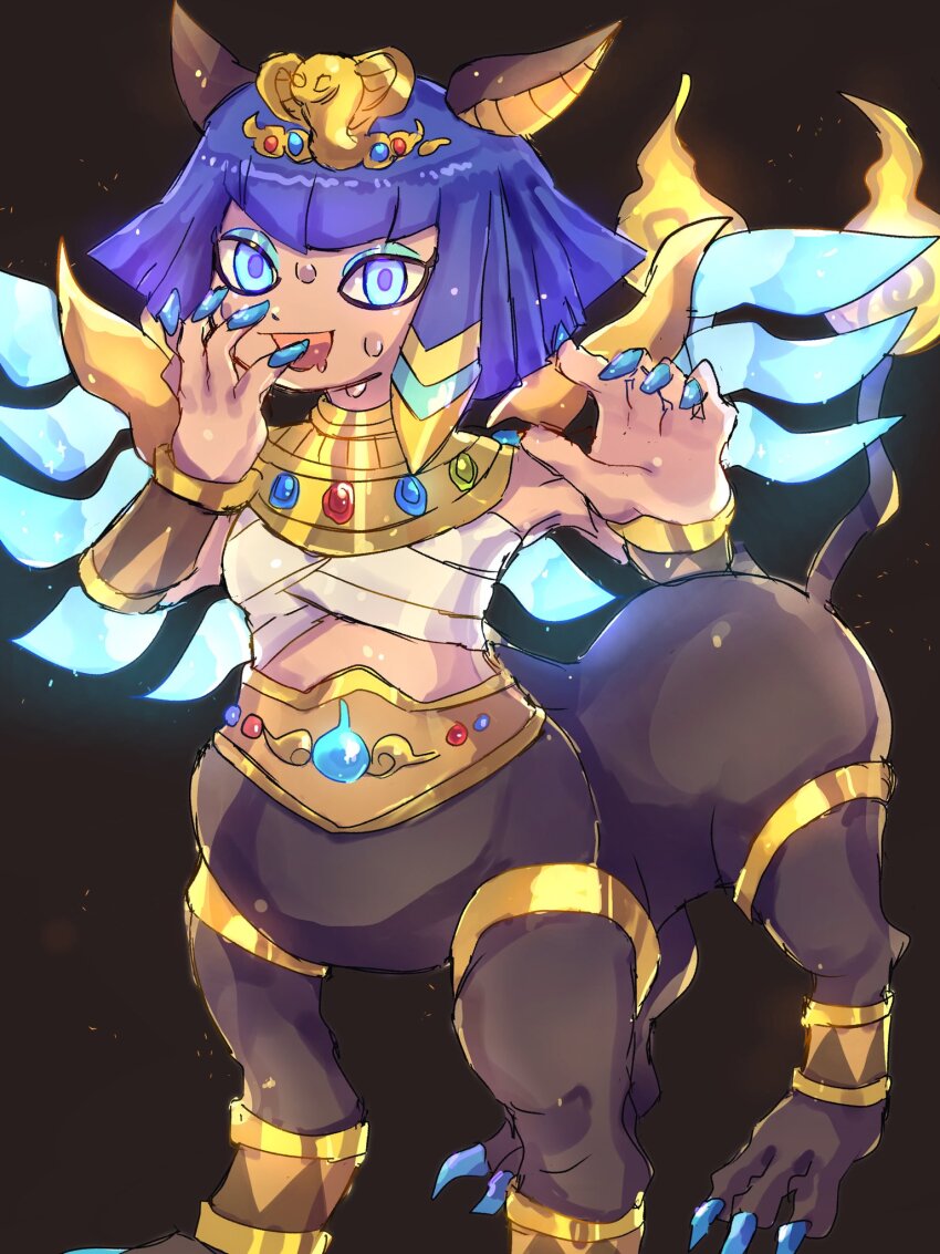1girl, ancient_egyptian, animal_ears, blue_eyes, blue_nails, breasts, brown_background, cat_ears, centauroid, chest_sarashi, claws, commentary_request, dark-skinned_female, dark_skin, fingernails, highres, kurekurepatra, looking_at_viewer, monster_girl, multiple_tails, open_mouth, sarashi, simple_background, small_breasts, solo, sphinx, tail, taur, two_tails, umeyoukan_hn43, white_background, wings, youkai_(youkai_watch), youkai_watch