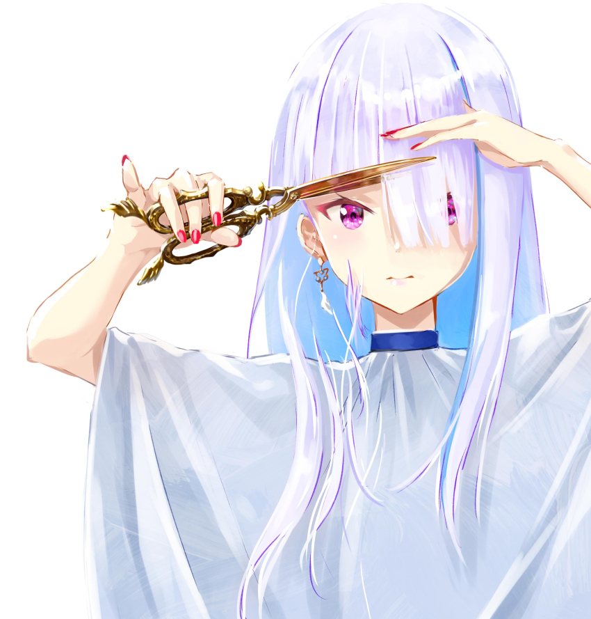 1girl, absurdres, arms_up, asymmetrical_bangs, barber_cape, blue_hair, blush, closed_mouth
