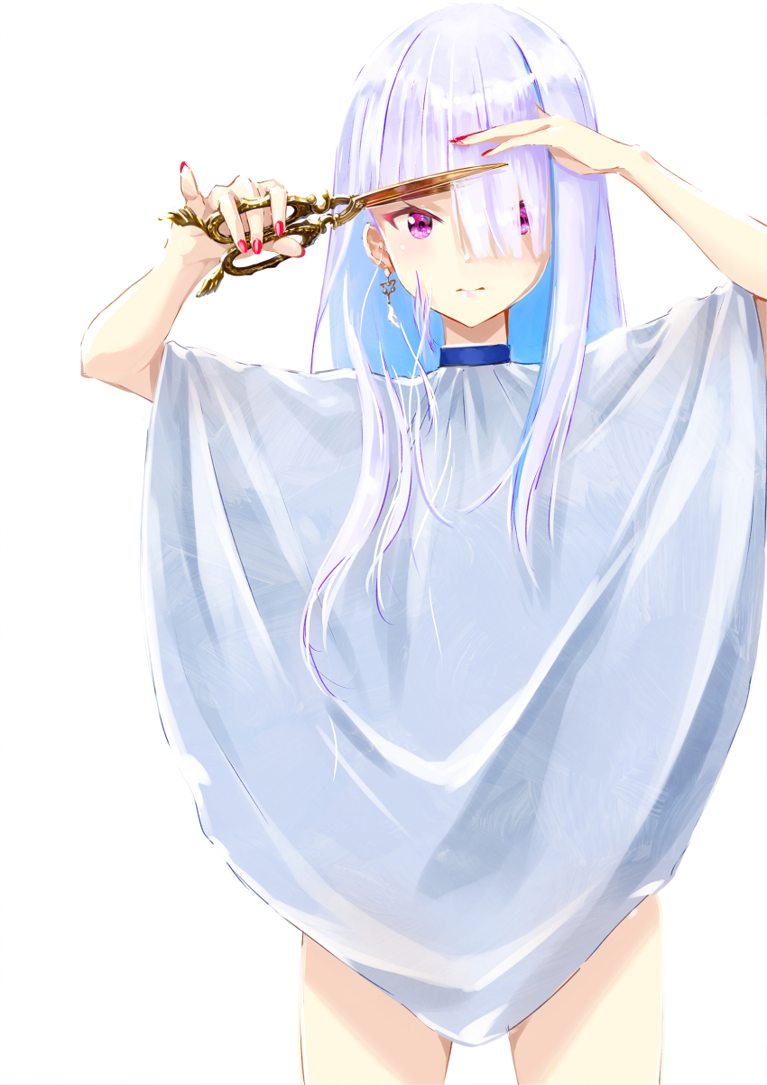 1girl, arms_up, asymmetrical_bangs, barber_cape, blue_hair, blush, closed_mouth, colored_inner_hair