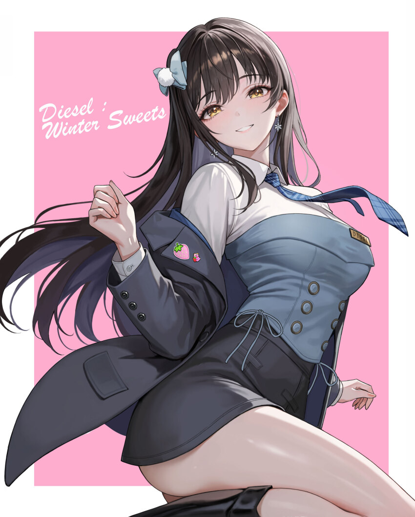 1girl, absurdres, ass, black_boots, black_jacket, black_skirt, blue_corset, blue_necktie