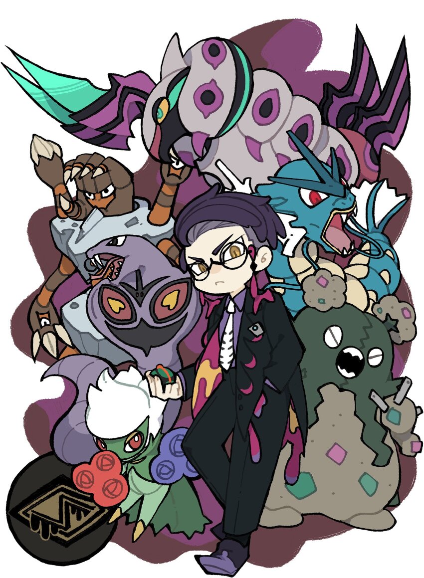 1boy, :<, arbok, barbaracle, black-framed_eyewear, black_coat, black_pants, closed_eyes