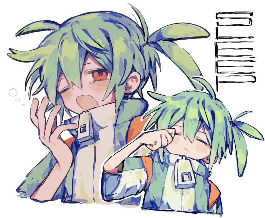 1boy, :<, blue_hair, blush, closed_eyes, closed_mouth, double-parted_bangs, english_text