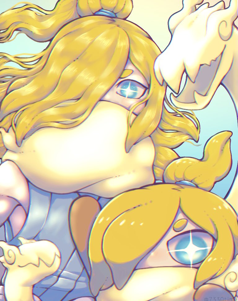 1boy, arm_up, blonde_hair, blue_eyes, chimetarou_(7330time), commentary_request, hair_over_one_eye, hikariorochi