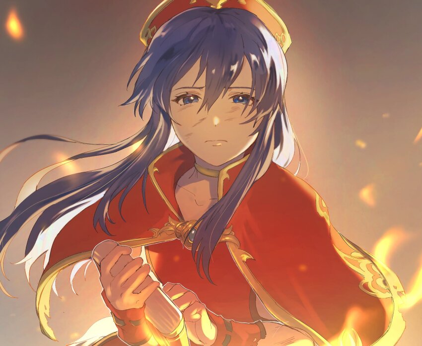 1girl, blue_eyes, blue_hair, book, capelet, choker, closed_mouth, collarbone, commentary_request, dirty, dirty_face, dress, fire_emblem, fire_emblem:_the_binding_blade, frown, gradient_background, grey_background, hair_between_eyes, hat, highres, holding, holding_book, lilina_(fire_emblem), long_hair, looking_at_viewer, mimummom, nintendo, red_capelet, red_dress, red_hat, solo, upper_body