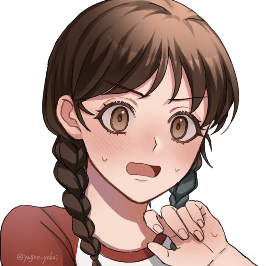 1girl, amano_natsume, artist_name, blush, braid, brown_eyes, brown_hair, commentary_request