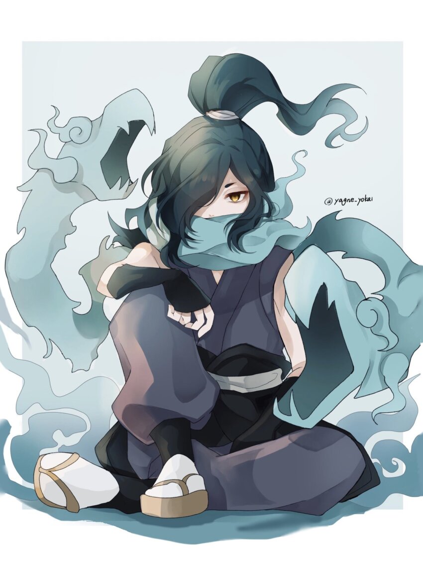 1boy, aqua_hair, artist_name, black_gloves, brown_eyes, commentary_request, fingerless_gloves, gloves, hair_over_one_eye, highres, japanese_clothes, long_hair, looking_at_viewer, orochi_(youkai_watch), ponytail, sandals, sitting, socks, solo, white_socks, yagne_yokai, youkai_(youkai_watch), youkai_watch