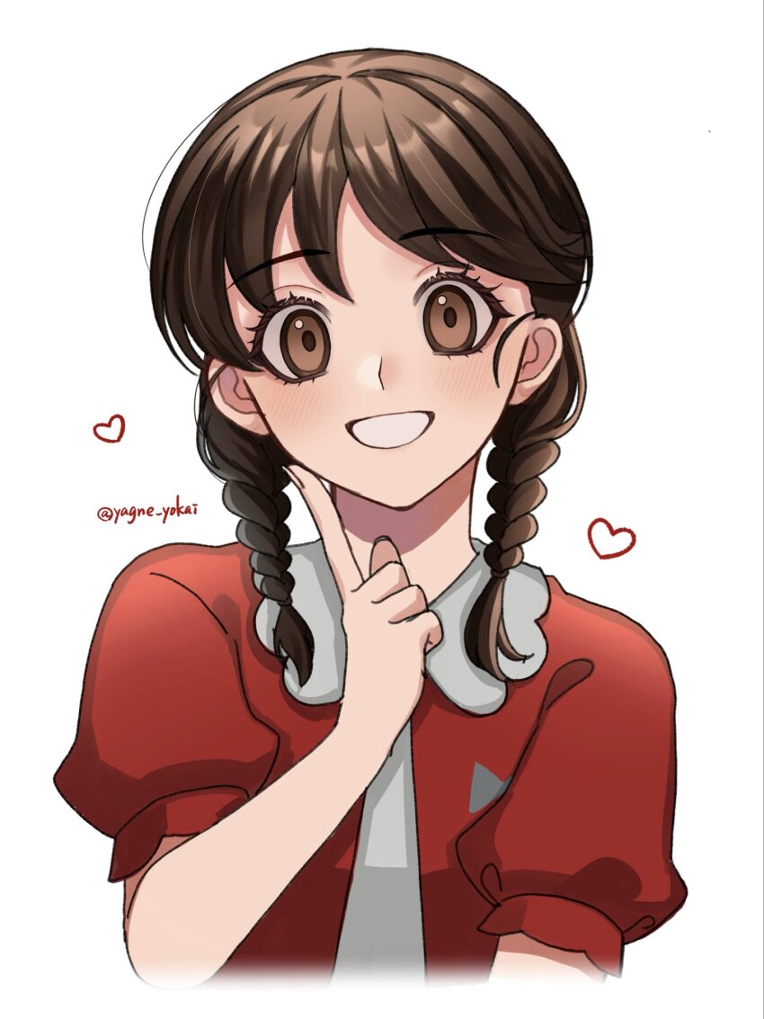 1girl, amano_natsume, artist_name, braid, brown_eyes, brown_hair, commentary_request, grin