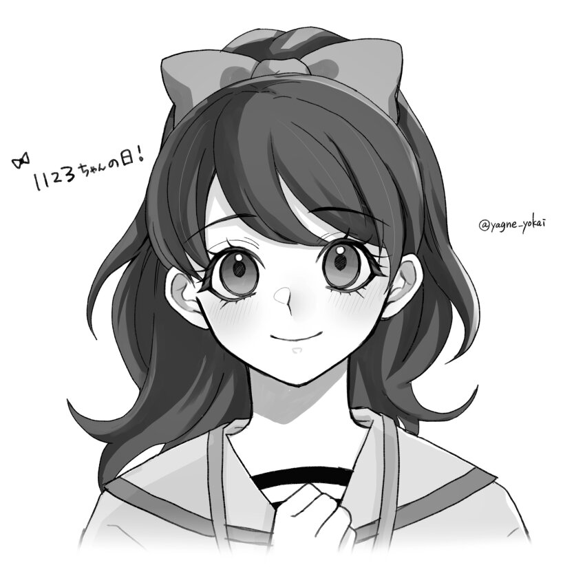 1girl, artist_name, bow, commentary_request, greyscale, hair_bow, highres, kodama_fumika