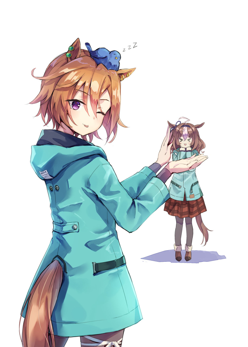 >_<, 2girls, absurdres, ahoge, animal, animal_ears, animal_on_head, bird, bird_on_head, black_pantyhose, blue_coat, blush, bow, breasts, brown_hair, closed_eyes, closed_mouth, clothing_cutout, coat, commentary_request, double-parted_bangs, ear_ornament, ear_ribbon, hair_between_eyes, hairband, highres, hood, hood_down, hooded_coat, horse_ears, horse_girl, horse_tail, koseibutsu_(gshngw2), long_sleeves, looking_at_viewer, medium_hair, meisho_doto_(umamusume), multicolored_hair, multiple_girls, on_head, orange_hair, orange_tail, pantyhose, pink_hairband, plaid_clothes, plaid_skirt, purple_eyes, red_skirt, shoes, short_hair, simple_background, skirt, smile, t.m._opera_o_(umamusume), tail, tail_through_clothes, tongue, tongue_out, two-tone_hair, umamusume, white_background, white_hair, zzz