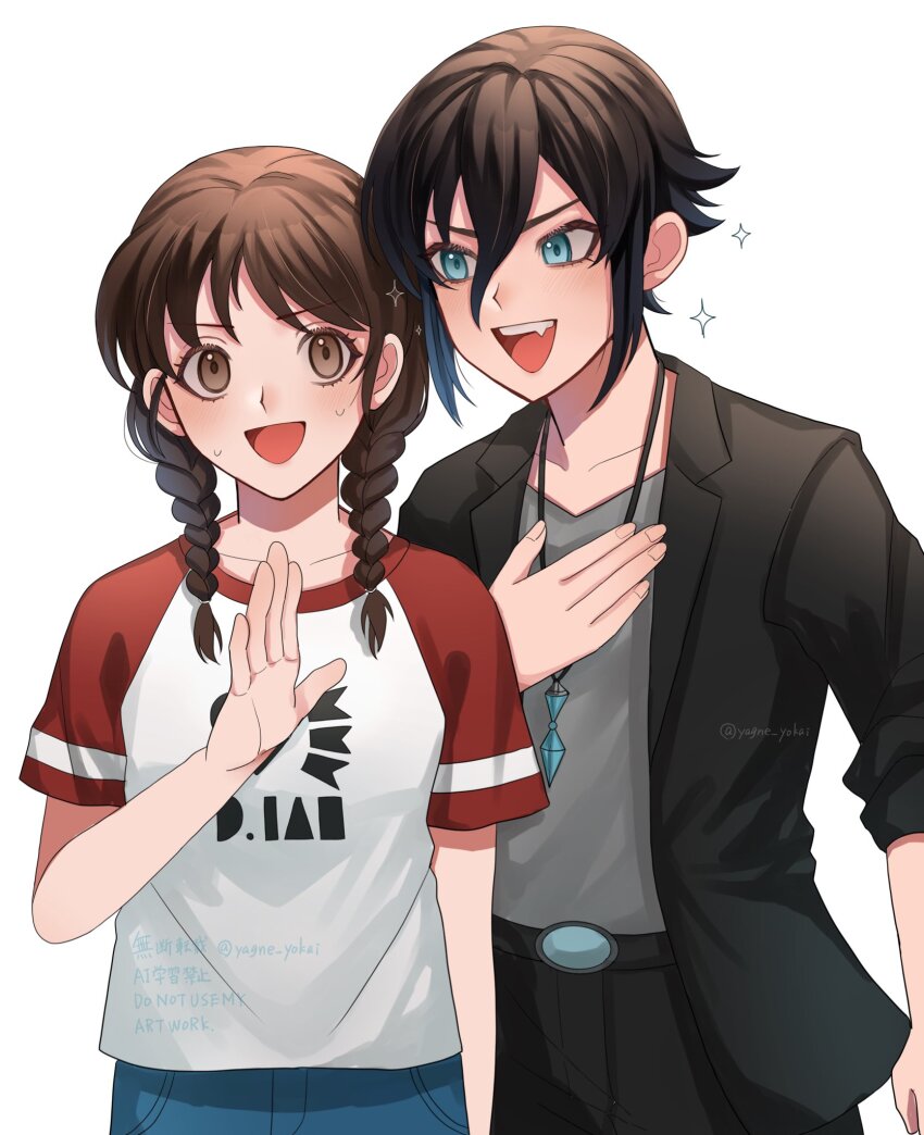 1boy, 1girl, amano_natsume, black_jacket, black_pants, blue_eyes, braid, brown_eyes