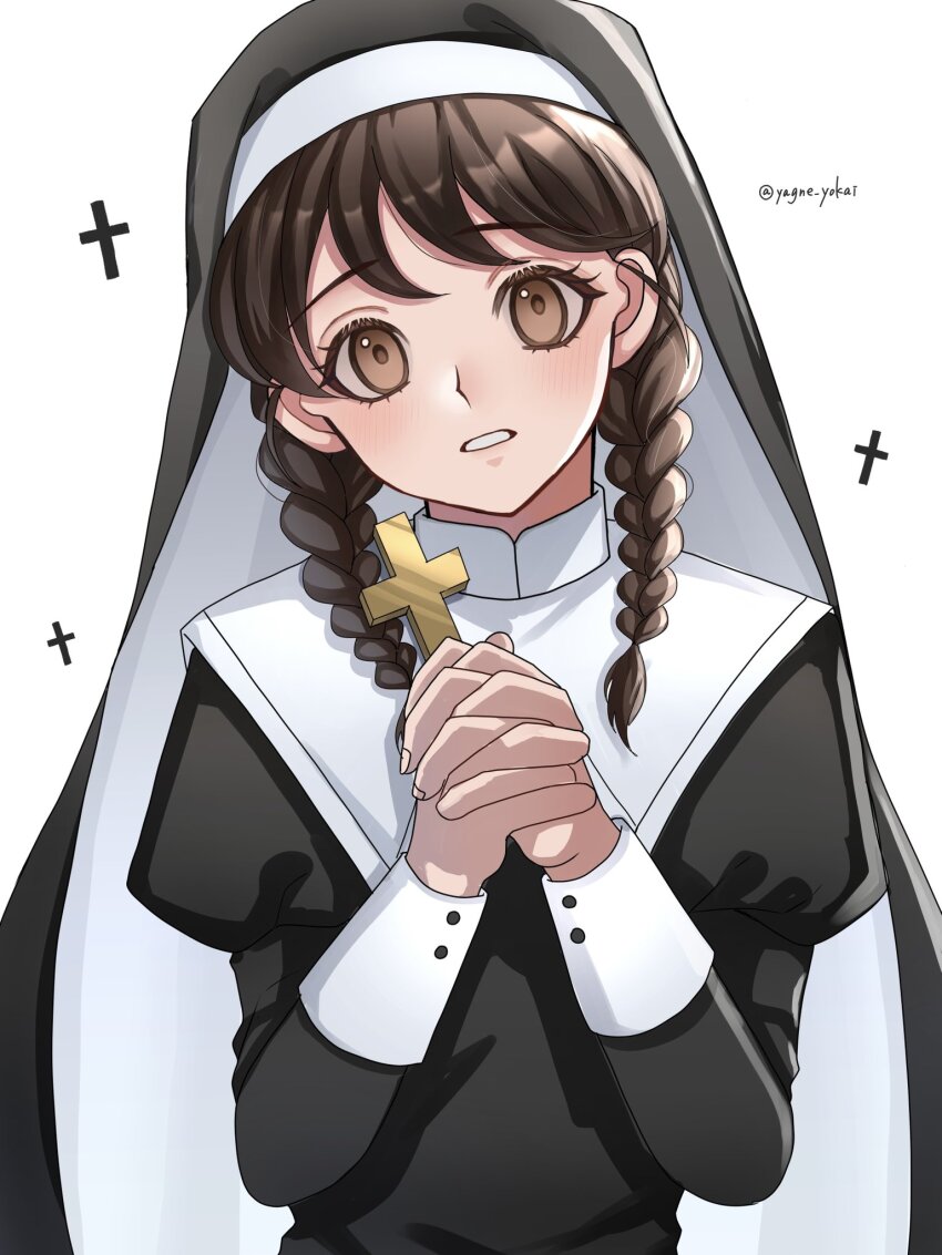 1girl, alternate_costume, amano_natsume, artist_name, black_dress, braid, brown_eyes, brown_hair