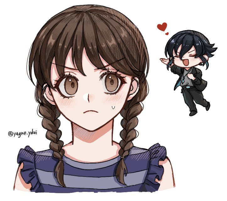 1boy, 1girl, amano_natsume, black_hair, black_jacket, black_pants, braid, brown_eyes