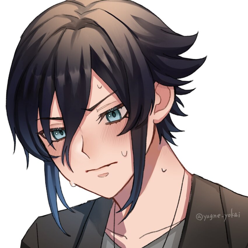 1boy, artist_name, black_hair, black_jacket, blue_eyes, blush, commentary_request, grey_shirt
