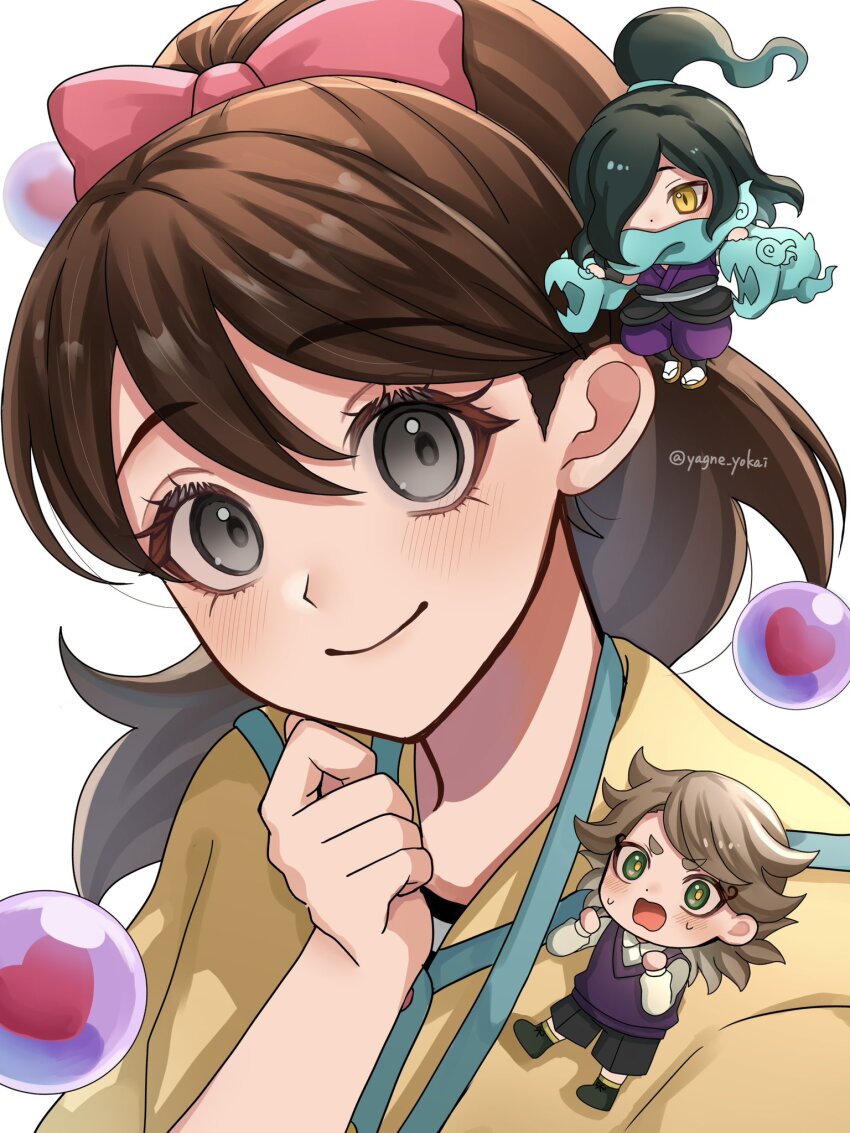 1girl, 2boys, aqua_hair, artist_name, black_shorts, blush, bow, brown_eyes, brown_hair, commentary_request, green_eyes, grey_eyes, hair_bow, hair_over_one_eye, highres, kodama_fumika, long_hair, looking_at_viewer, multiple_boys, open_mouth, orochi_(youkai_watch), pink_bow, ponytail, purple_vest, short_hair, shorts, solo_focus, sweat, vest, yagne_yokai, youkai_(youkai_watch), youkai_watch