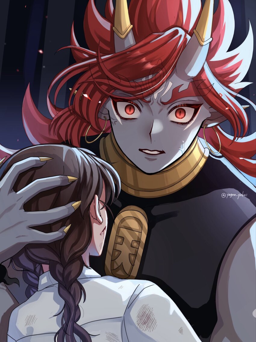 1boy, 1girl, amano_natsume, artist_name, black_shirt, braid, colored_skin, commentary_request