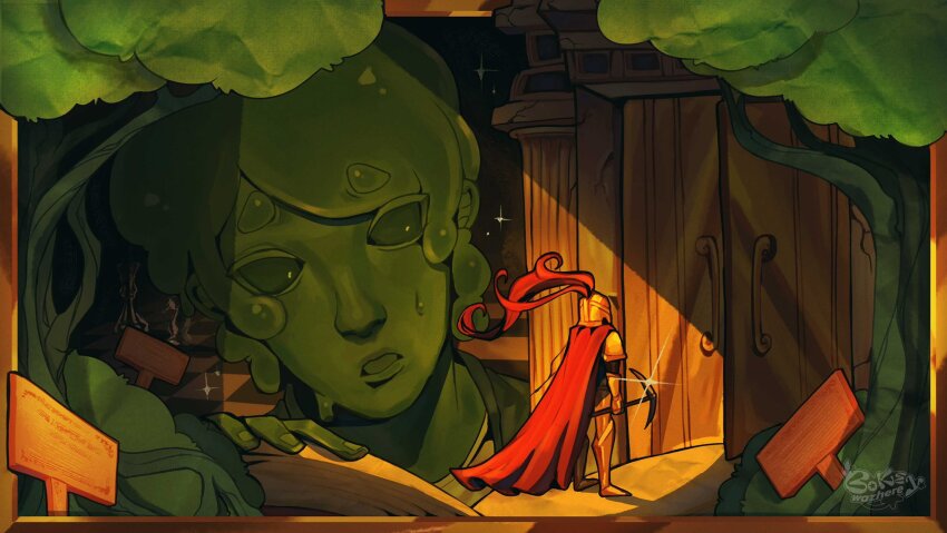 1boy, 1other, arm_guards, armor, averythemayo, bokeywazhere, cape, colored_skin