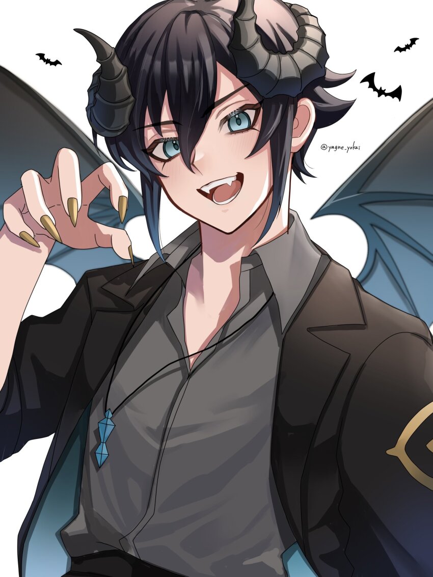 1boy, artist_name, bat_wings, black_hair, black_horns, black_jacket, blue_eyes, claws