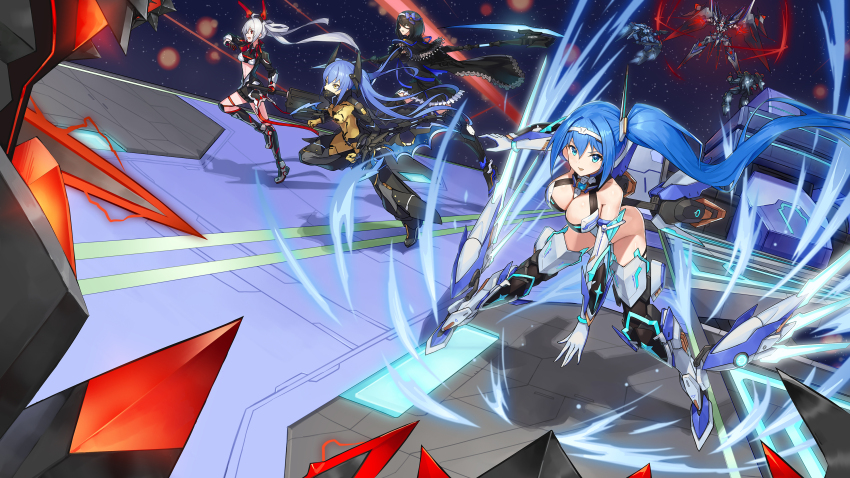 4girls, absurdres, bare_shoulders, battle, black_cape, black_dress, black_hair, black_horns, black_jacket, blue_eyes, blue_hair, blue_ribbon, bodysuit, breasts, cape, cleavage, commentary_request, commission, dress, gloves, hair_ribbon, hair_rings, helga_neumann, highres, holding, holding_scythe, holding_weapon, horns, jacket, large_breasts, leg_armor, long_hair, matoi_(pso2), medium_hair, multiple_girls, mytea_(soso), open_clothes, open_jacket, original, phantasy_star, phantasy_star_online_2, quna_(pso2), red_eyes, ribbon, scythe, side_ponytail, skeb_commission, thrusters, vambraces, weapon, white_gloves, white_hair, yellow_bodysuit, yellow_eyes