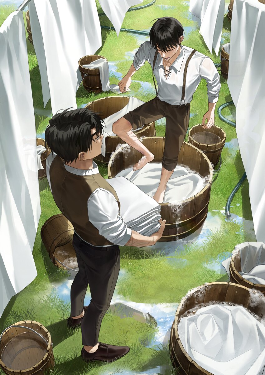 2boys, absurdres, barefoot, black_hair, brown_vest, bucket, bucket_of_water, clothesline