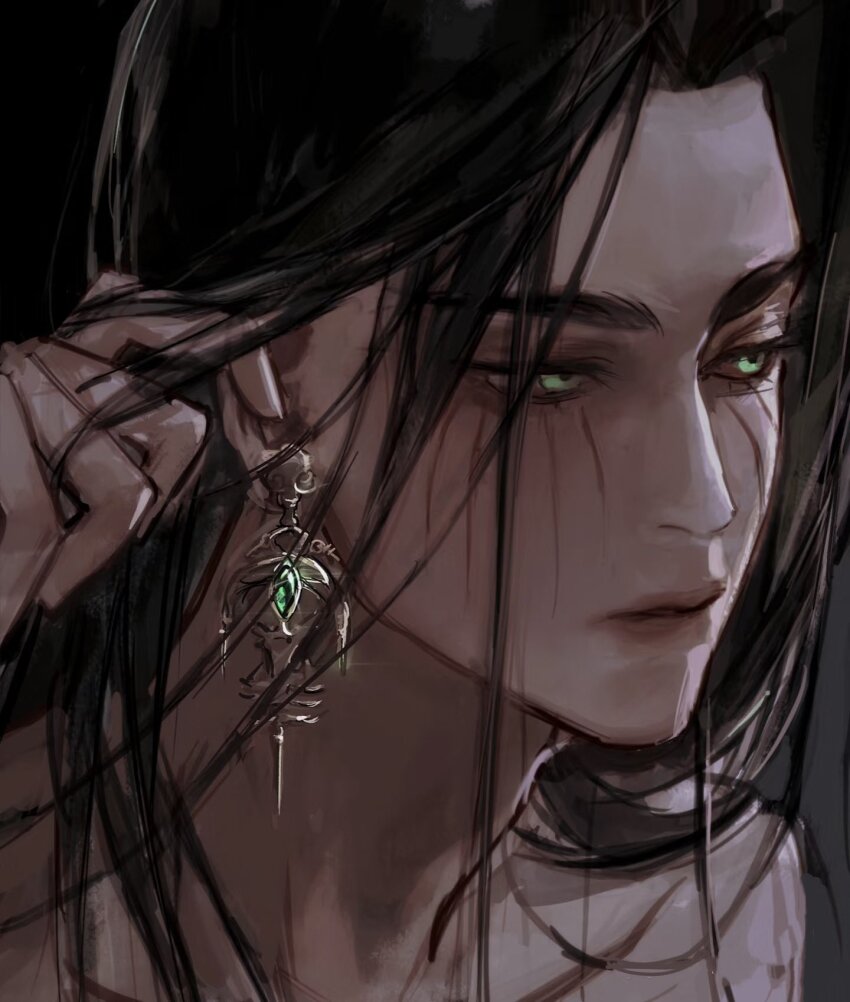 1boy, adam's_apple, androgynous, arm_up, commentary_request, earrings, eren_yeager, facial_mark