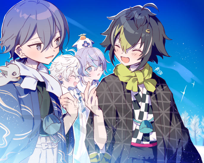 4boys, :o, animal, animal_on_head, black_jacket, blue_eyes, blue_hair, blue_jacket
