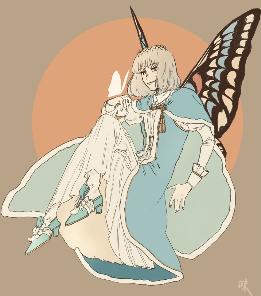 1boy, azi_pra, blue_robe, bow, brown_background, butterfly_wings, cape, commentary_request