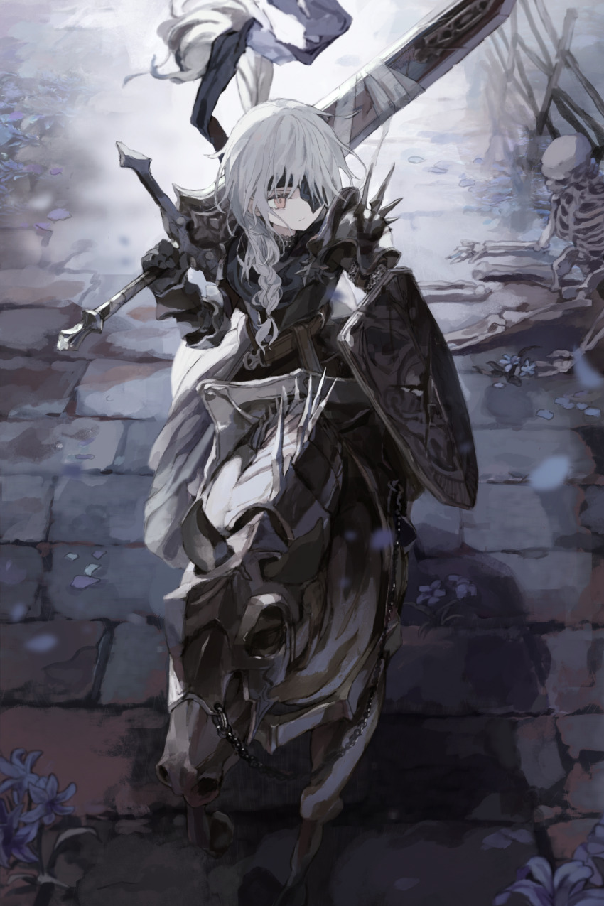 1girl, armor, bandaged_object, barding, black_horse, braid, closed_mouth, commentary