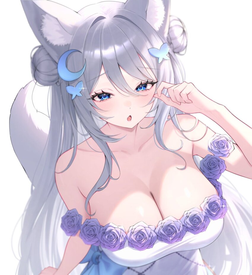 1girl, animal_ear_fluff, animal_ears, bare_shoulders, blue_eyes, blush, breasts, butterfly_hair_ornament, cleavage, collarbone, commentary, crescent, crescent_hair_ornament, double_bun, dress, english_commentary, flower, fox_ears, fox_girl, fox_tail, grey_hair, hair_between_eyes, hair_bun, hair_ornament, hand_up, highres, indie_virtual_youtuber, large_breasts, long_hair, looking_ahead, namedango_(uouodango), nyubun_(vtuber), open_mouth, purple_flower, purple_rose, rose, second-party_source, sidelocks, simple_background, sleeveless, sleeveless_dress, solo, strapless, strapless_dress, tail, very_long_hair, virtual_youtuber, white_background, white_dress