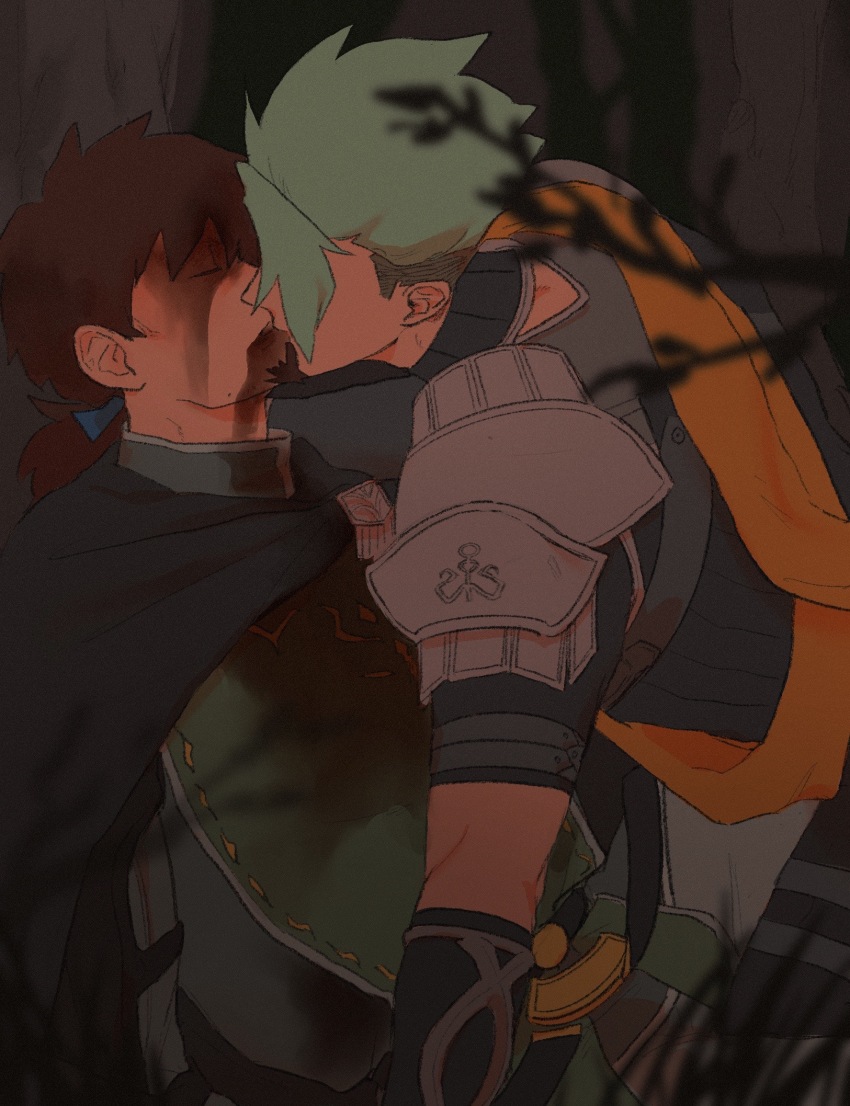 2boys, achilles_(fate), armor, azi_pra, black_cape, blue_ribbon, brown_hair, cape