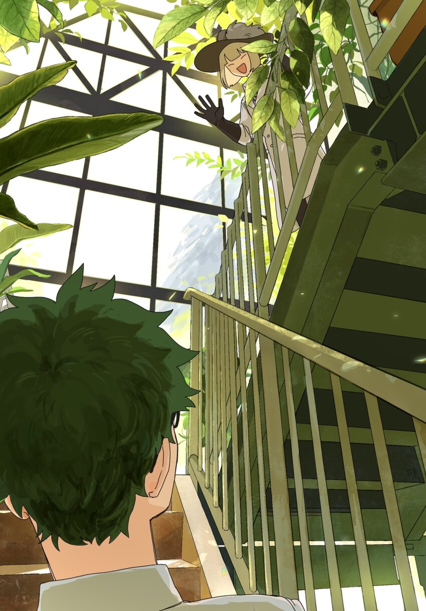 2boys, azi_pra, black_gloves, black_hat, commentary_request, glasses, gloves, green_hair