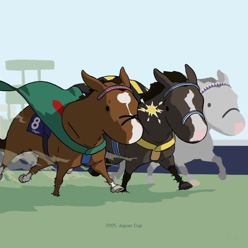 2025, admire_terra_(racehorse), animal_ears, blurry, blurry_background, calandagan_(racehorse), cape, character_request