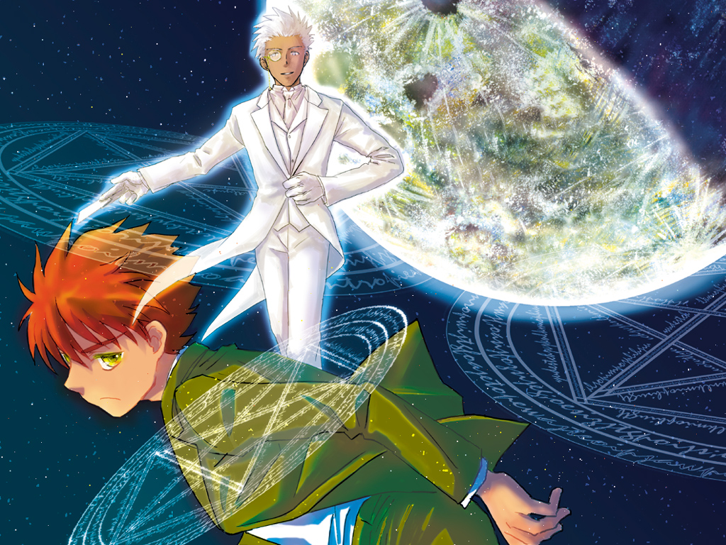 2boys, archer_(fate), dark-skinned_male, dark_skin, emiya_shirou, fate/stay_night, fate_(series), formal_clothes