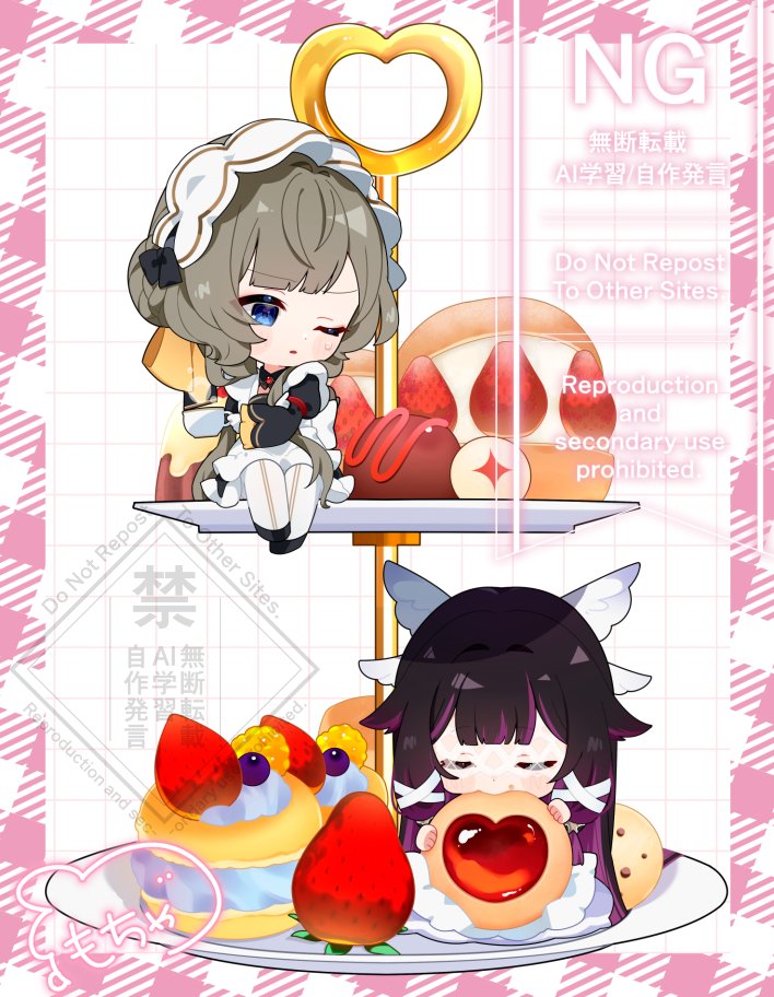 2girls, black_hair, blue_eyes, blush, brown_hair, chibi, chibi_only, closed_eyes