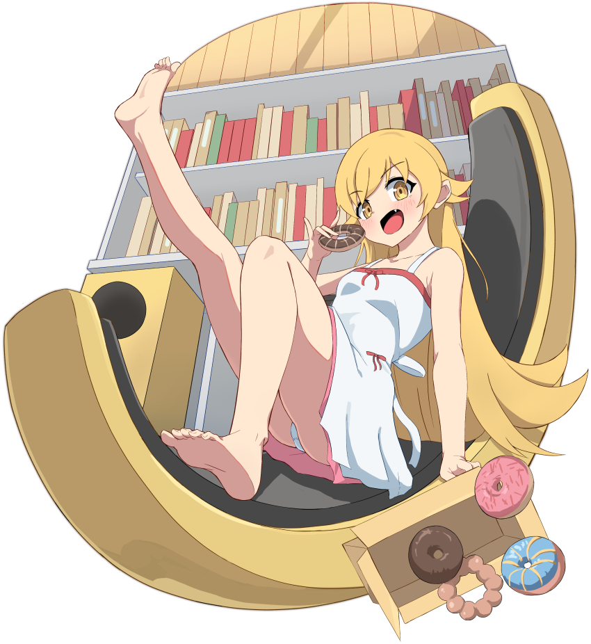 1girl, absurdres, arm_support, ass, barefoot, blonde_hair, blush, bookshelf
