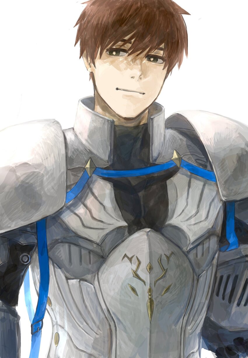 1boy, aged_down, armor, azi_pra, bright_pupils, brown_eyes, brown_hair, closed_mouth