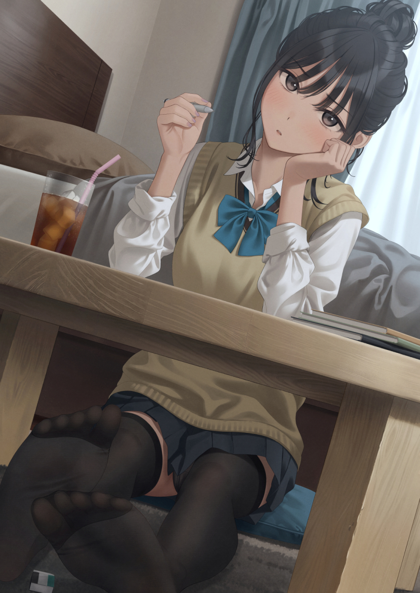 1girl, bed, bedroom, black_hair, black_panties, black_thighhighs, blue_bow, blue_bowtie