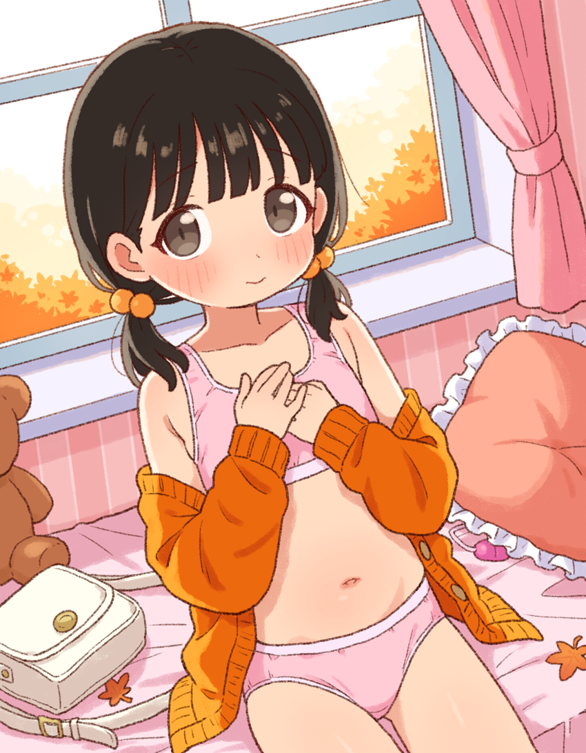 1girl, bag, bed, black_eyes, black_hair, blush, bra, cardigan