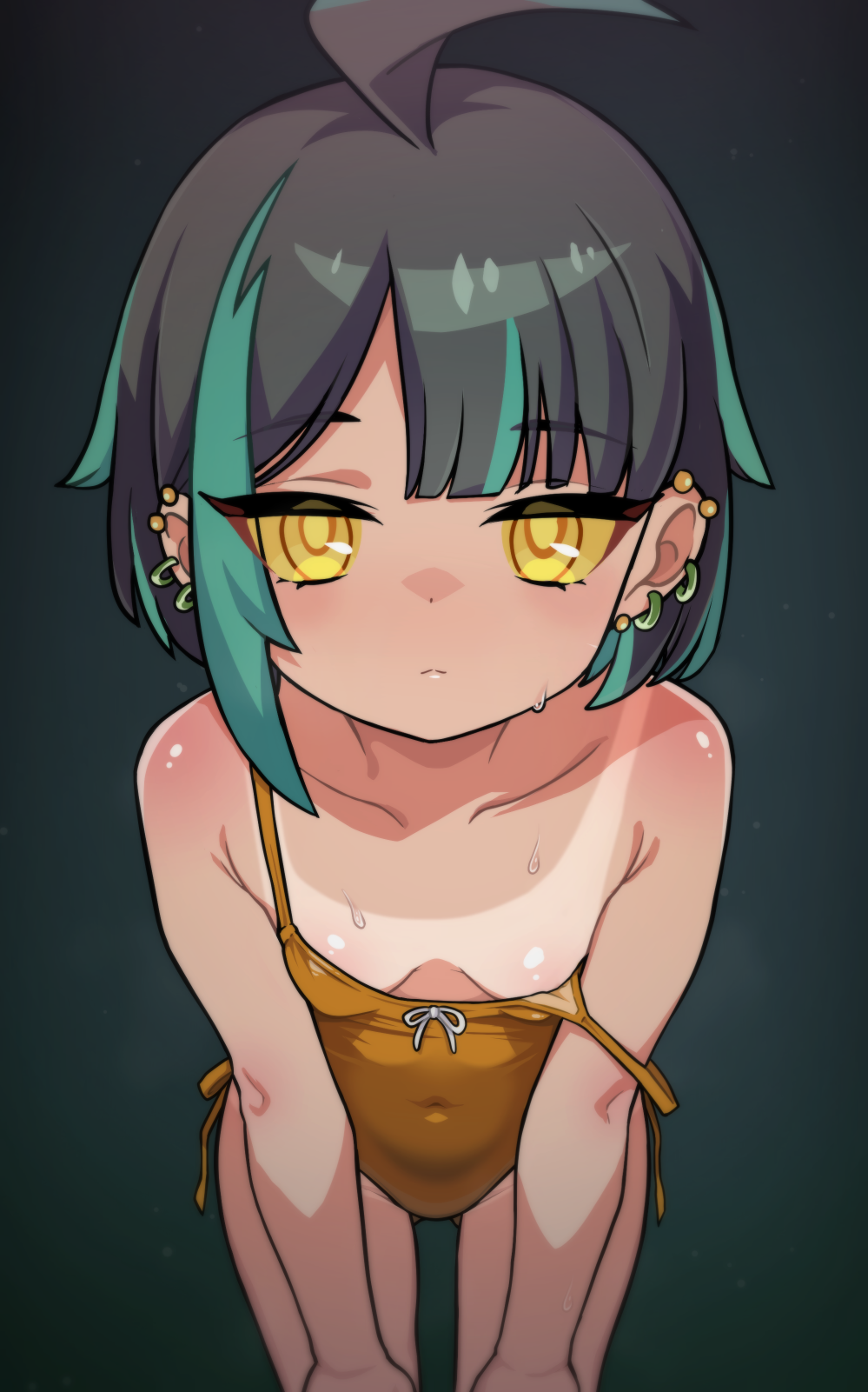 1girl, ahoge, black_hair, breasts, charlene_(world_flipper), closed_mouth, collarbone, covered_navel, earrings, frown, gold_one-piece_swimsuit, gradient_background, highres, jewelry, leaning_forward, loli, looking_at_viewer, multiple_earrings, mwm5, one-piece_swimsuit, ringed_eyes, short_hair, small_breasts, solo, strap_slip, swimsuit, tan, tanline, world_flipper, yellow_eyes