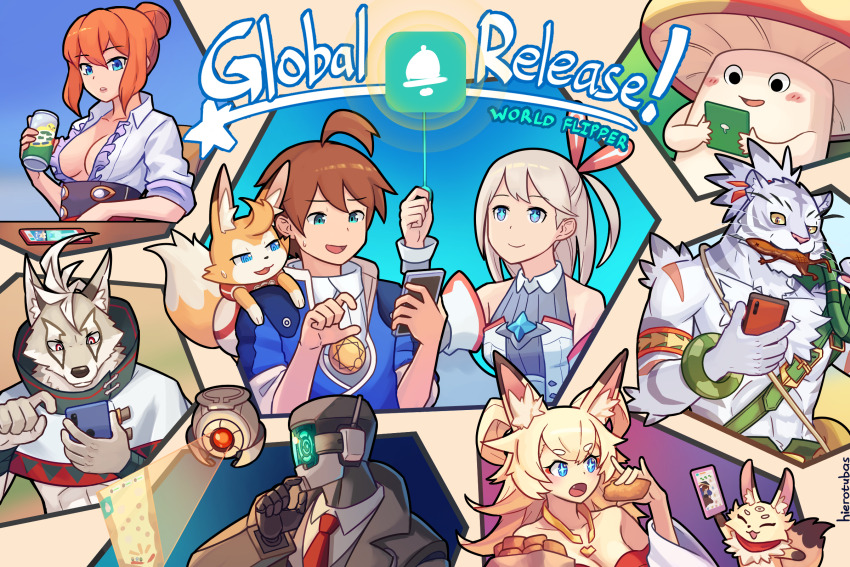 3girls, 4boys, ahoge, alk_(world_flipper), animal_ears, black_coat, blonde_hair, blue_shirt